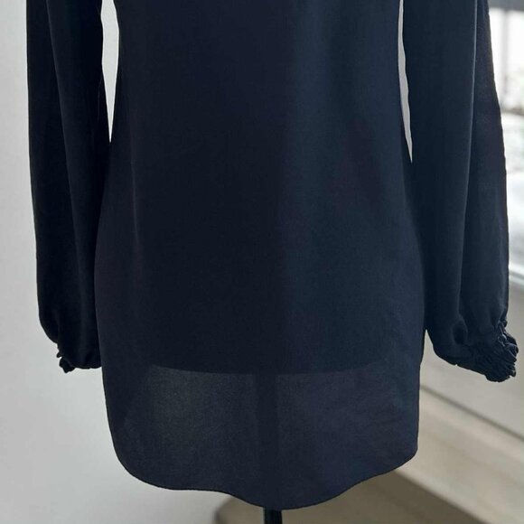 NWT Shan Ink-Blue Silk Semi-Sheer Ruffle-Blouse w/ Cascading Front & Tie – US 6 - Picture 9 of 14